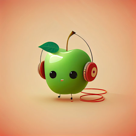cute apple cartoon character with headphones, cartoon style, modern simple illustrationの写真素材