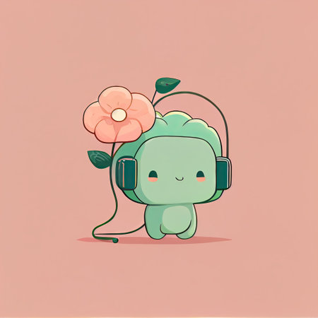 cute begonia flower cartoon character with headphones, cartoon style, modern simple illustrationの写真素材