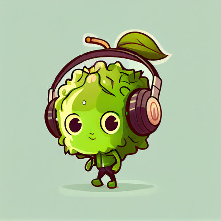 cute bergamot cartoon character with headphones, cartoon style, modern simple illustrationの写真素材