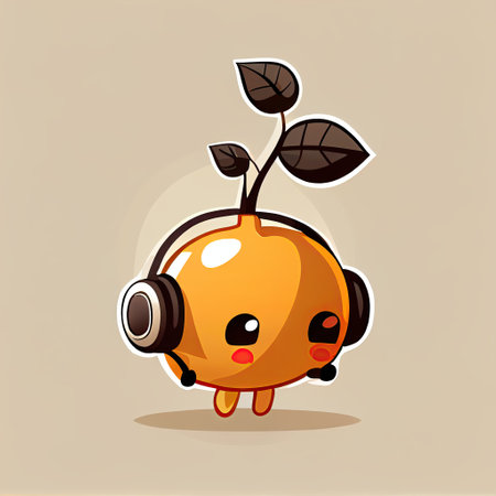 cute buckthorn cartoon character with headphones, cartoon style, modern simple illustrationの写真素材