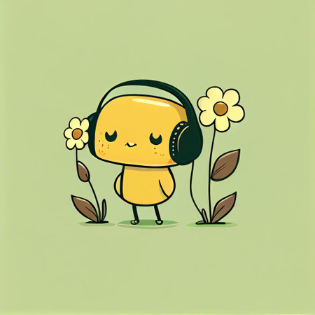 cute buttercup flower cartoon character with headphones, cartoon style, modern simple illustrationの写真素材