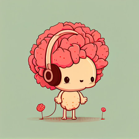 cute carnation flower cartoon character with headphones, cartoon style, modern simple illustrationの写真素材