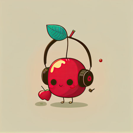 cute cherry cartoon character with headphones, cartoon style, modern simple illustrationの写真素材
