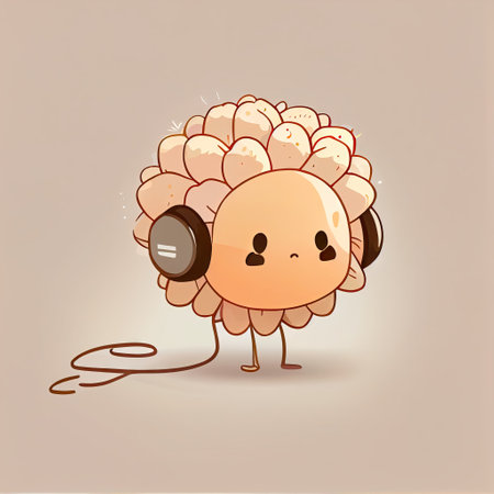 cute chrysanthemum flower cartoon character with headphones, cartoon style, modern simple illustrationの写真素材
