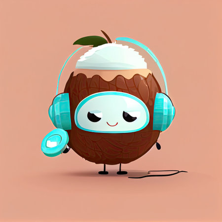 cute coconut cartoon character with headphones, cartoon style, modern simple illustrationの写真素材