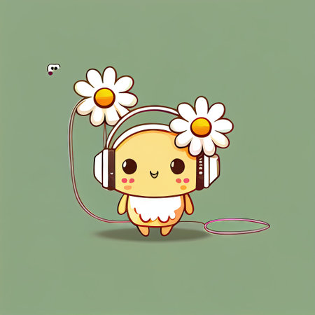 cute daisy flower cartoon character with headphones, cartoon style, modern simple illustrationの写真素材
