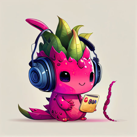 cute dragonfruit cartoon character with headphones, cartoon style, modern simple illustrationの写真素材