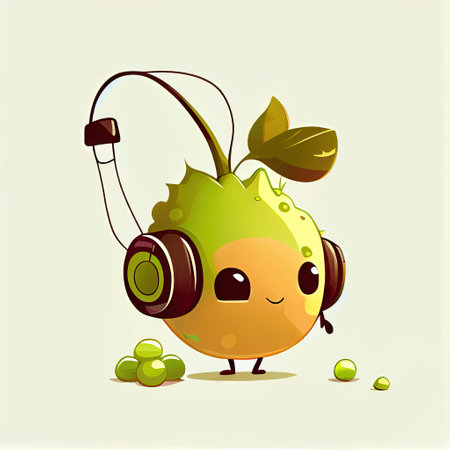 cute gooseberry cartoon character with headphones, cartoon style, modern simple illustrationの写真素材