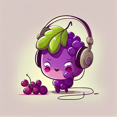 cute grape cartoon character with headphones, cartoon style, modern simple illustrationの写真素材