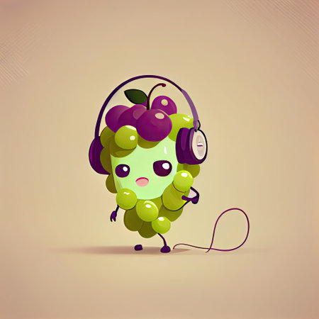 cute grapes cartoon character with headphones, cartoon style, modern simple illustrationの写真素材