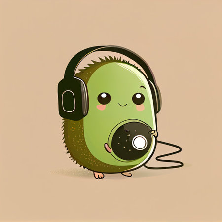 cute kiwi cartoon character with headphones, cartoon style, modern simple illustrationの写真素材