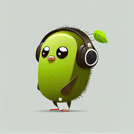 cute kiwi cartoon character with headphones, cartoon style, modern simple illustrationの写真素材