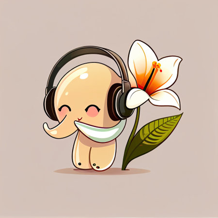 cute lily flower cartoon character with headphones, cartoon style, modern simple illustrationの写真素材