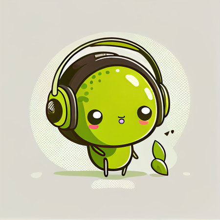 cute lime cartoon character with headphones, cartoon style, modern simple illustrationの写真素材