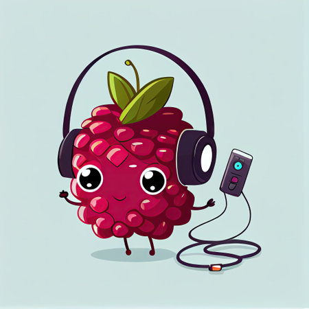 cute loganberry cartoon character with headphones, cartoon style, modern simple illustrationの写真素材