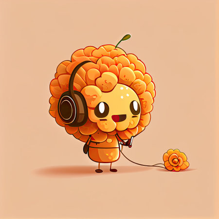cute marigold flower cartoon character with headphones, cartoon style, modern simple illustrationの写真素材