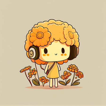 cute marigold flower cartoon character with headphones, cartoon style, modern simple illustrationの写真素材