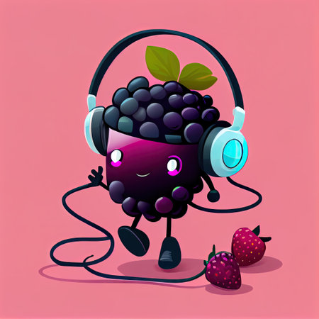 cute marionberry cartoon character with headphones, cartoon style, modern simple illustration