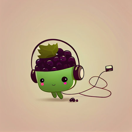 cute mulberry cartoon character with headphones, cartoon style, modern simple illustrationの写真素材