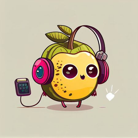 cute passionfruit cartoon character with headphones, cartoon style, modern simple illustrationの写真素材
