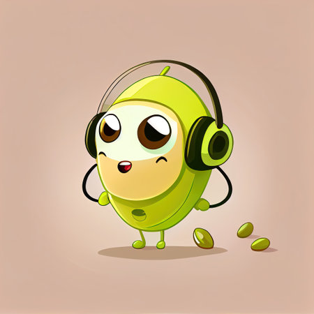 cute pistachio cartoon character with headphones, cartoon style, modern simple illustrationの写真素材