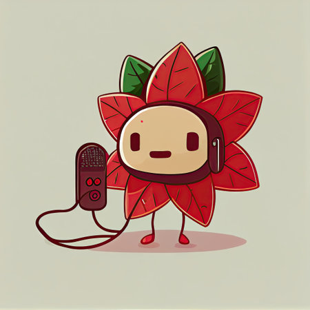 cute poinsettia flower cartoon character with headphones, cartoon style, modern simple illustrationの写真素材