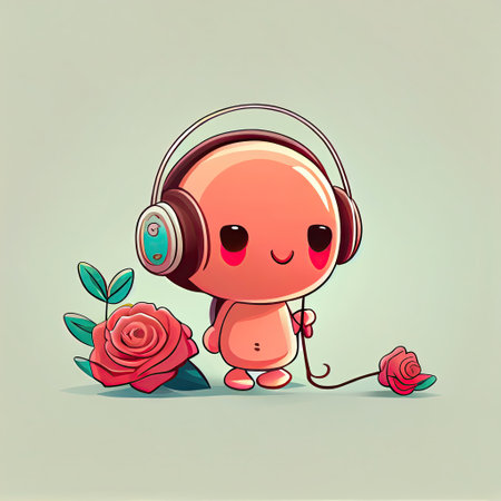 cute rose flower cartoon character with headphones, cartoon style, modern simple illustrationの写真素材