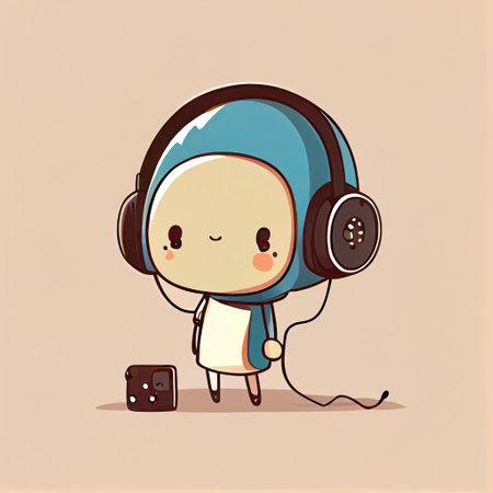 cute roship cartoon character with headphones, cartoon style, modern simple illustrationの写真素材