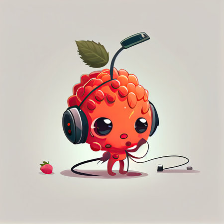 cute salmonberry cartoon character with headphones, cartoon style, modern simple illustrationの写真素材