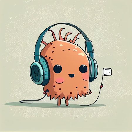 cute seabuckthornberry cartoon character with headphones, cartoon style, modern simple illustrationの写真素材