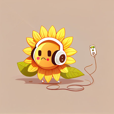 cute sun flower flower cartoon character with headphones, cartoon style, modern simple illustrationの写真素材