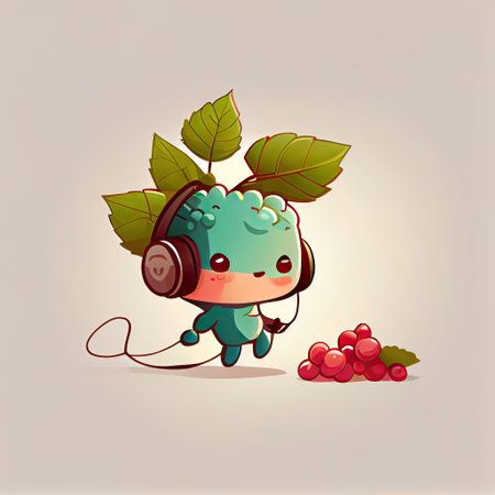 cute viburnum cartoon character with headphones, cartoon style, modern simple illustrationの写真素材