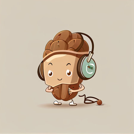 cute walnut cartoon character with headphones, cartoon style, modern simple illustrationの写真素材