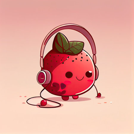 cute yumberry cartoon character with headphones, cartoon style, modern simple illustrationの写真素材