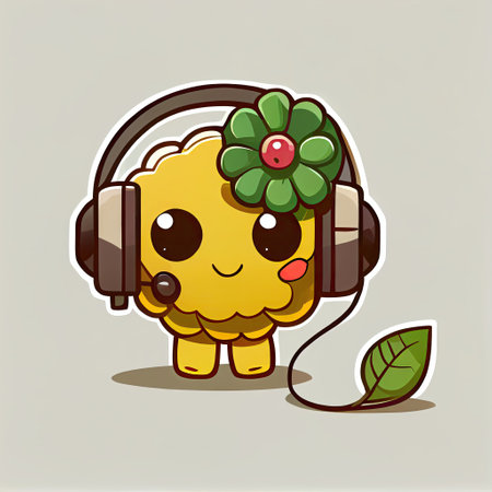 cute zinnia flower cartoon character with headphones, cartoon style, modern simple illustrationの写真素材