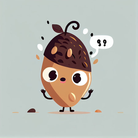 cute acorn cartoon character with questions sign over head, cartoon style, modern simple illustrationの写真素材