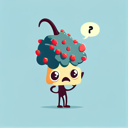 cute aroniaberry cartoon character with questions sign over head, cartoon style, modern simple illustrationの写真素材
