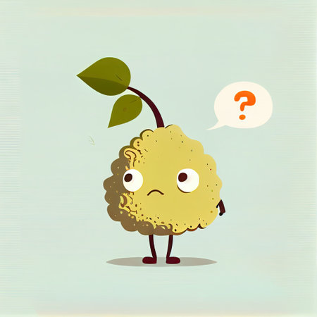 cute bergamot cartoon character with questions sign over head, cartoon style, modern simple illustrationの写真素材