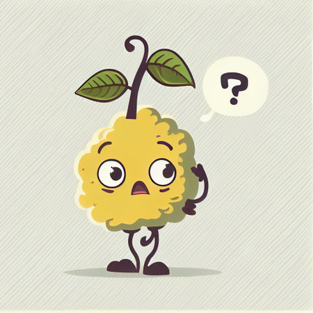 cute bergamot cartoon character with questions sign over head, cartoon style, modern simple illustrationの写真素材