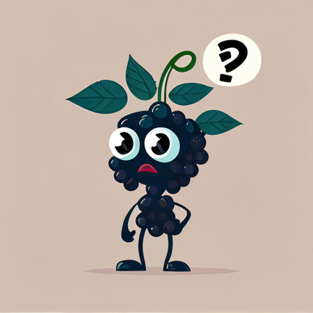 cute blackchokeberry cartoon character with questions sign over head, cartoon style, modern simple illustrationの写真素材