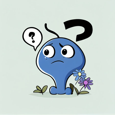 cute bluebell flower cartoon character with questions sign over head, cartoon style, modern simple illustrationの写真素材