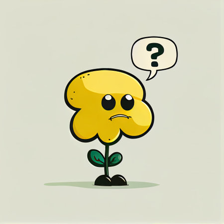 cute buttercup flower cartoon character with questions sign over head, cartoon style, modern simple...
