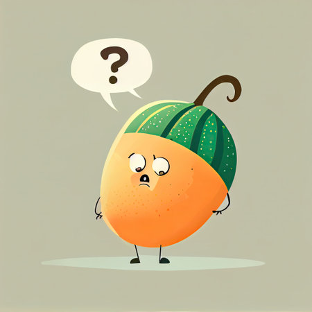 cute cantaloupe cartoon character with questions sign over head, cartoon style, modern simple illustrationの写真素材