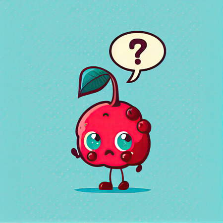 cute cherry cartoon character with questions sign over head, cartoon style, modern simple illustrationの写真素材