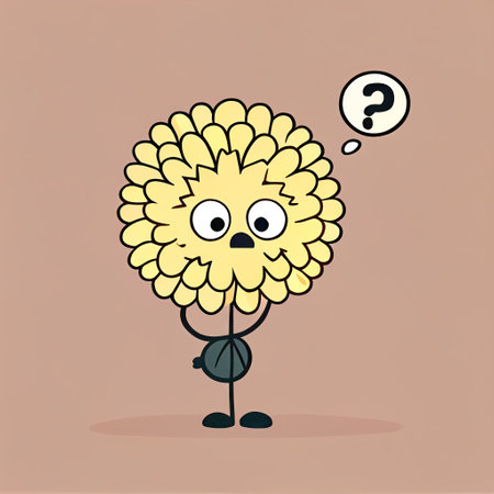 cute chrysanthemum flower cartoon character with questions sign over head, cartoon style, modern simple illustrationの写真素材