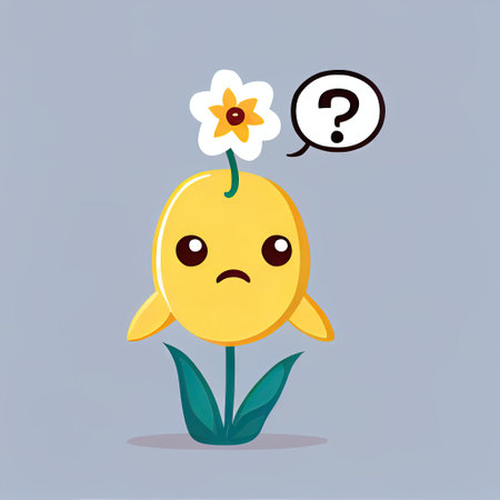 cute daffodil flower cartoon character with questions sign over head, cartoon style, modern simple illustrationの写真素材