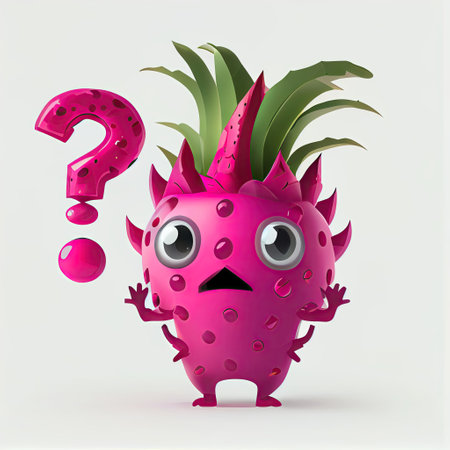 cute dragonfruit cartoon character with questions sign over head, cartoon style, modern simple illustrationの写真素材