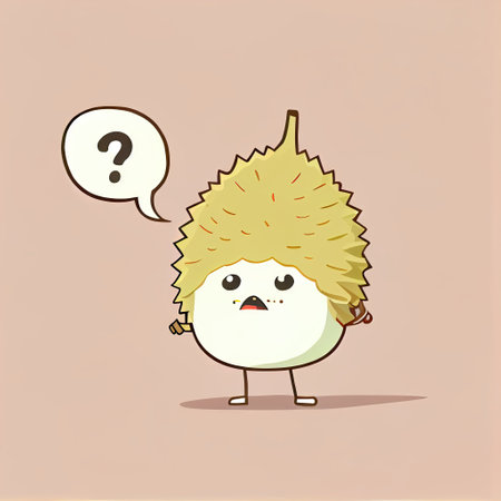 cute durian cartoon character with questions sign over head, cartoon style, modern simple illustrationの写真素材