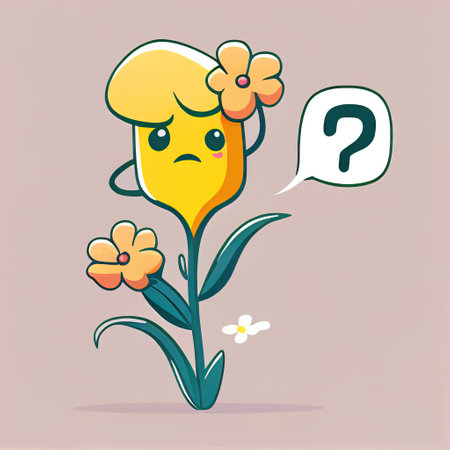 cute freesia flower cartoon character with questions sign over head, cartoon style, modern simple illustrationの写真素材