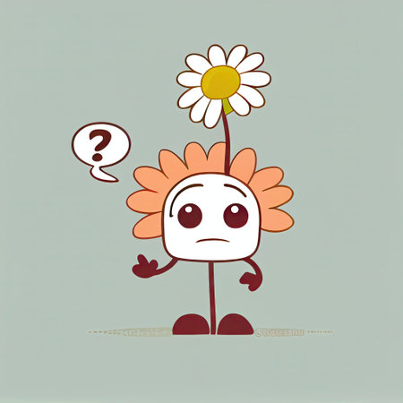 cute gerbera flower cartoon character with questions sign over head, cartoon style, modern simple illustrationの写真素材